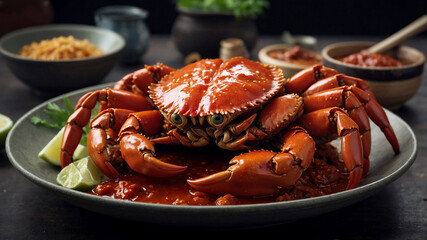 Chili Crab popular dish in Singapore featuring whole crabs stir-fried in a semi-thick, sweet and savory tomato and chili-based sauce