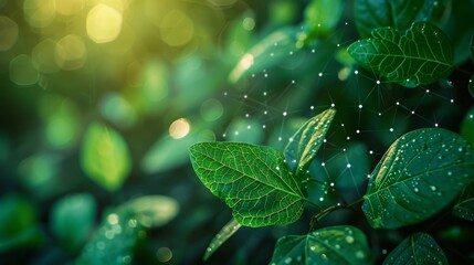 Green leaves with interconnected network lines, representing technology and nature