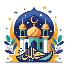Happy Eid Al Adha Mubarak celebration banner with moon and cow goat paper cut effect on blue night color background. Eid Al Adha Mubarak Muslim celebration day