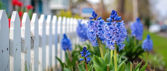 Obraz premium Hyacinths by a Fence Hyacinths growing next to a white picket fence, with a quaint neighborhood backdrop