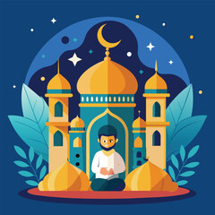 Happy Eid Al Adha Mubarak celebration banner with moon and cow goat paper cut effect on blue night color background. Eid Al Adha Mubarak Muslim celebration day