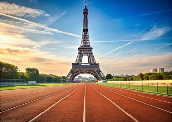 Athletics track in front of Eiffel Tower with stadium in background, Eiffel Tower, athletics, track, stadium, Olympic Games, 2024, Paris, competition, running, sport, French, skyline, landmark