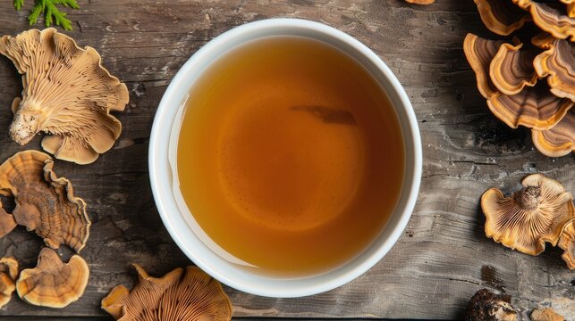 Top view of a bowl filled with organic turkey tail mushroom tea, known for its immune-boosting benefits and earthy flavor - Powered by Adobe