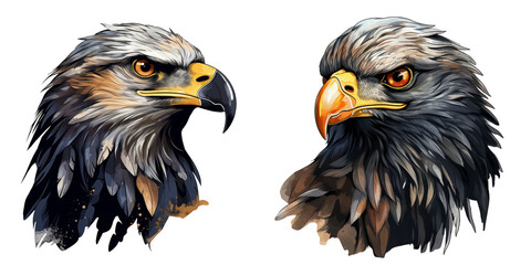 Fototapeta premium set of two clipart cute bald eagle portrait watercolor illustration on transparent background wild birds