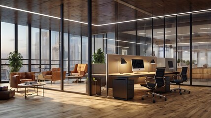 Office interior featuring glass walls, wooden flooring, and stylish furniture, all beautifully illuminated to highlight the concept of innovative workspace design.