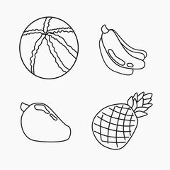 set of summer fruits coloring page, watermelon, banana, mango, pineapple 