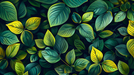 Vibrant green leaves with varying shades create a lush, natural pattern. Perfect for backgrounds, nature themes, and design elements.