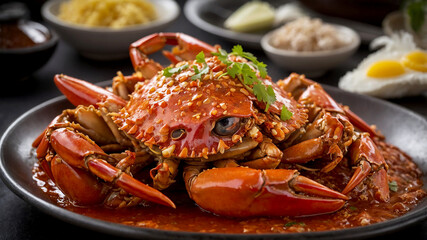 Chili Crab popular dish in Singapore featuring whole crabs stir-fried in a semi-thick, sweet and savory tomato and chili-based sauce