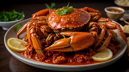 Chili Crab popular dish in Singapore featuring whole crabs stir-fried in a semi-thick, sweet and savory tomato and chili-based sauce