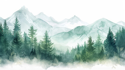 Fototapeta premium A serene watercolor landscape featuring towering pine trees and majestic mountains shrouded in mist, evoking a sense of tranquility and natural beauty.