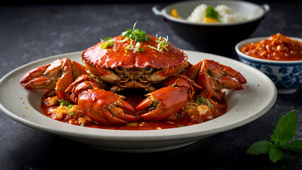 Chili Crab popular dish in Singapore featuring whole crabs stir-fried in a semi-thick, sweet and savory tomato and chili-based sauce
