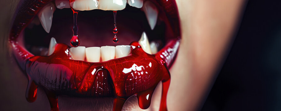 female vampire mouth with sharp fangs open wide, dark red lips and white teeth dripping red liquid. Halloween and horror concept. With copy space.