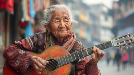 Fototapeta premium an elderly woman playing the guitar, smiling brightly in a well-lit room