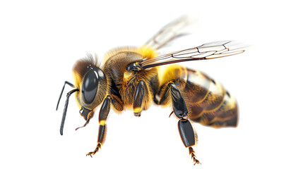 Close-up of a honeybee with wings outstretched. The bee has a black and yellow striped abdomen.