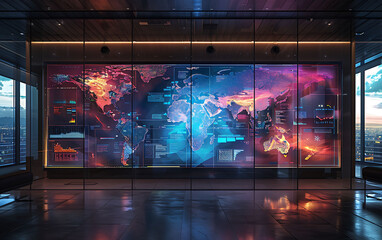 Sophisticated trading floor with global market data screens