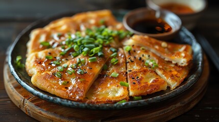 Fototapeta premium Golden, crispy pancake slices garnished with green onions, served with dipping sauce