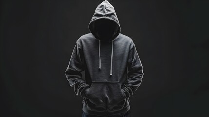 Faceless man in hoodie standing isolated on black background with big computer, camouflage uniform, neon lights, concept of hacker, thief, dark demon, mysterious creature, halloween character, secret,