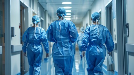 Healthcare workers in blue scrubs walking in hospital hallway