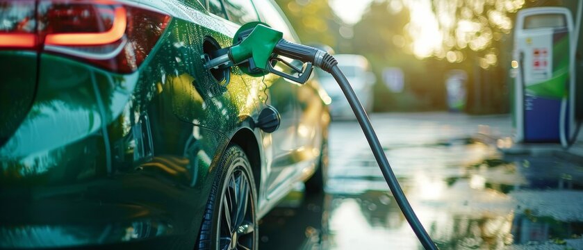 A green car being refueled at a gas station during sunset, highlighting the fuel pump and the back of the vehicle.