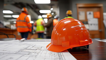 Construction planning with blueprints and safety gear
