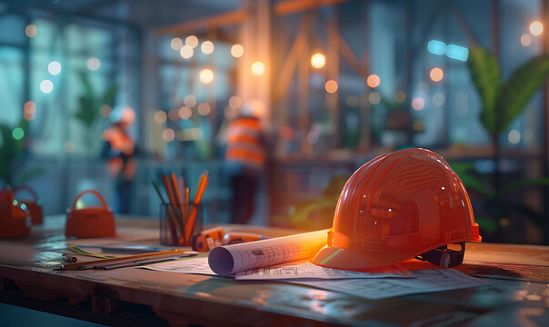 Construction safety planning desk with collaborative background