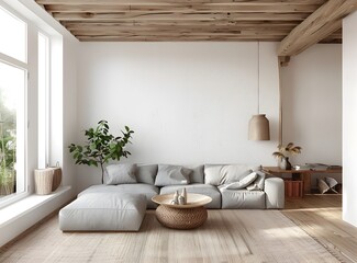 Modern living room interior with white walls, wooden floor and ceiling