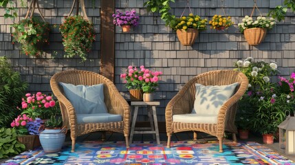 Charming outdoor patio with rattan chairs, surrounded by vibrant flowers in pots, adorned with green plants and hanging planters against a gray shingle wall. Colorful rug adds cheerful ambiance. Hyper