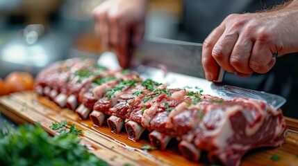 Chef Preparing Rack of Lamb with Fresh Herbs in Kitchen