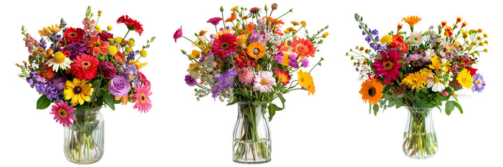 Set of vibrant bouquet of fresh flowers in a glass vase, beautifully arranged isolated on a transparent background