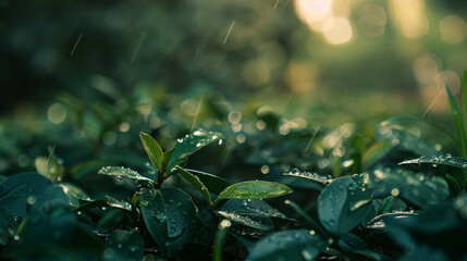 Raindrops on the green leaf blurred the background