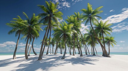 A remote tropical island oasis where AI-guided palm trees sway gently in the warm breeze, casting dappled shadows on the pristine white sand beach.