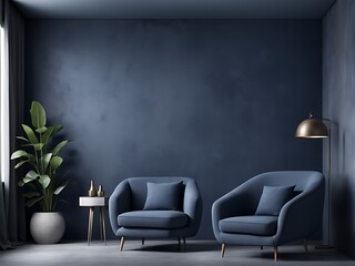 Modern Living Room in Dark Gray and Navy Blue with Microcement Wall and Rich Armchair

