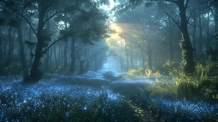 Obraz premium An enchanting forest at dawn, where the morning mist is filled with dancing particles, symbolizing the dawn of new scientific discoveries. shiny, Minimal and Simple,