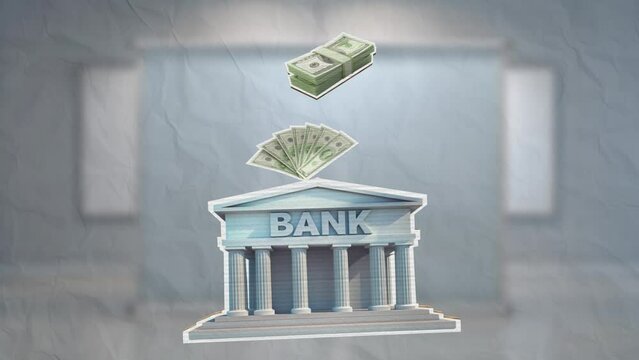 Dollars and stacks of money rain down on a bank building with an office in the background. Investment and profit concept. Stop motion animation in Cardboard style on color paper background