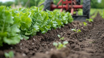 Close-up of a vibrant green lettuce field with a focus on healthy plants and dark soil, with a blurred tractor in the background.