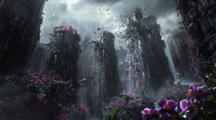 Capture a dystopian cityscape overgrown with colossal, luminous orchids reaching towards darkened skies in a surreal, photorealistic digital painting