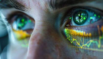 Engineer's eye reflecting green energy stats