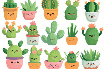 Vector illustration of a set of different succulents and cacti. Kawaii cute style. Big set for background, packaging paper, stickers