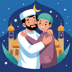 Happy Eid Al Adha Mubarak celebration banner with moon and cow goat paper cut effect on blue night color background. Eid Al Adha Mubarak Muslim celebration day