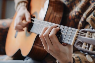 Fototapeta premium Close-Up of Hands Playing Acoustic Guitar Strings in Warm Indoor Setting