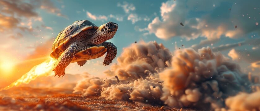 A digitally created image of a turtle with rocket boosters attached, soaring through the sky amidst clouds and the setting sun.