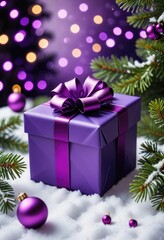 A snowy scene adorned with purple gifts, ornaments, and fir branches against a bokeh backdrop, setting the stage for Christmas festivities