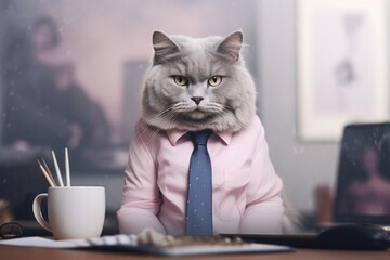 Portrait of a happy australian mist cat on stylized simple home office background