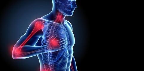 An illustration of the human body with highlighted pain points in red, indicating shoulder and knee pain
