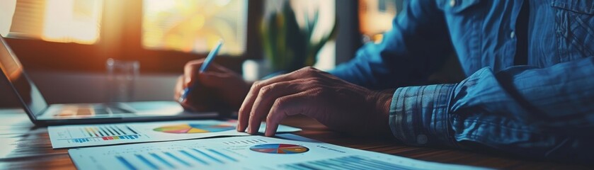 Close-up of a businessman analyzing financial data and charts at a desk, working on a laptop in a bright, modern office setting.
