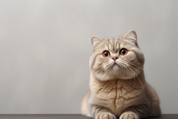 Portrait of a smiling scottish fold cat in front of plain cyclorama studio wall