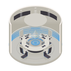 Vector isometric low poly minimalistic tech interior with various furniture. Modern vector illustration. Futuristic round meeting room concept.