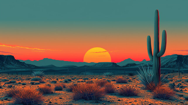illustration of psychedelic style cactus and desert at the sunset