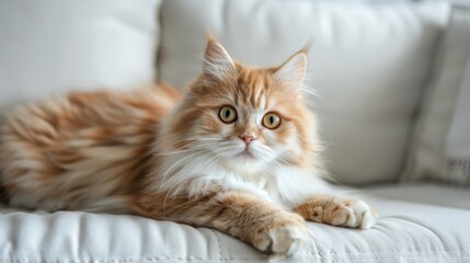 A fluffy orange tabby cat with white paws and chest lies on a white couch, looking directly at the camera with its bright yellow eyes.