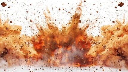 Explosion with fire, smoke and particles highlighted on a white background.